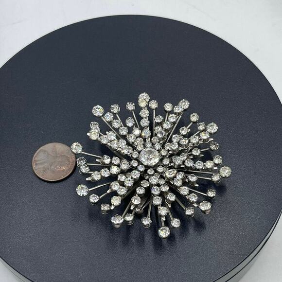 Sputnik Vintage Starburst Cluster Pin Brooch Bright Sparkling Clear Rhinestones - Picture 8 of 9